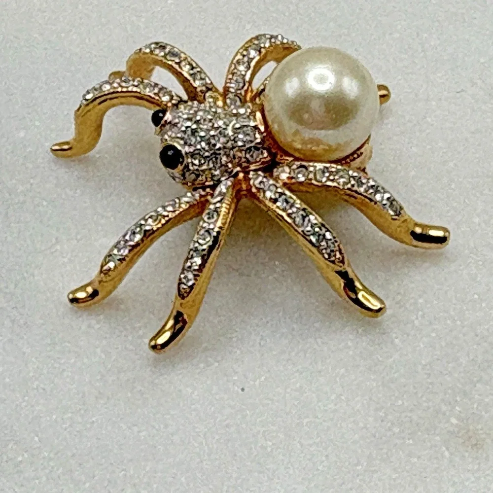 Vintage Swarovski Spider Brooch Pin Gold Tone Faux Pearl 22K Gold Plated